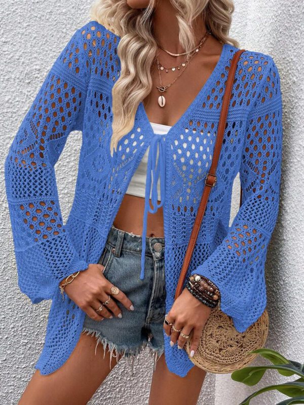 Breezaya Kimono couvrant col en V transparent à manches longues avec nœud, couleur unie – Image 23