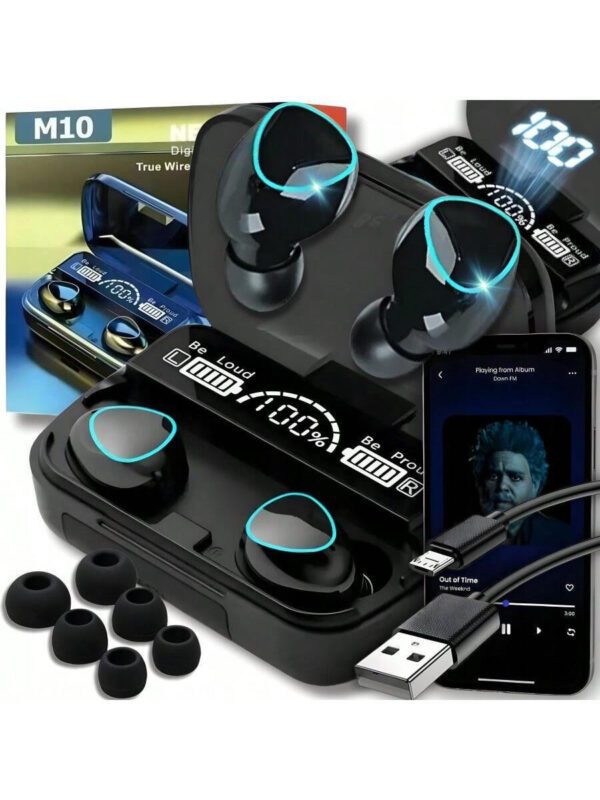M10 V5.3 – Le plus récent casque numérique Truewireless, écouteurs sans fil avec étui de chargement sans fil Bluetooth, son 9D Premium Deep Bass Sports étanche IPX7 avec micro, temps de lecture de 5 heures, fonctionne comme Powerbank pour charger n'importe quel appareil. – Image 2