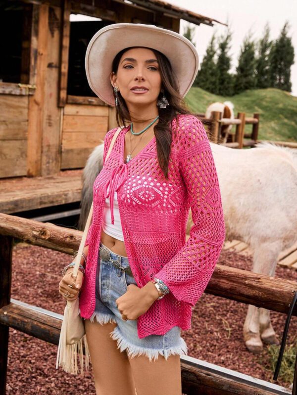 Breezaya Kimono couvrant col en V transparent à manches longues avec nœud, couleur unie – Image 28
