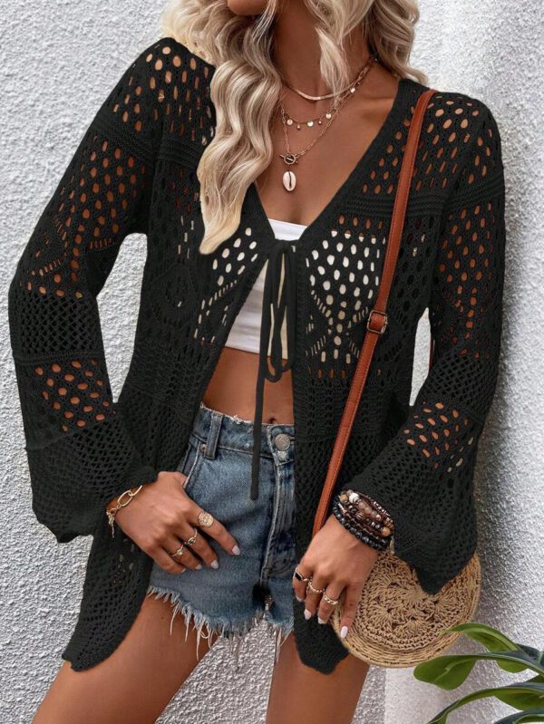 Breezaya Kimono couvrant col en V transparent à manches longues avec nœud, couleur unie – Image 34