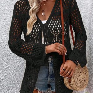 Breezaya Kimono couvrant col en V transparent à manches longues avec nœud, couleur unie