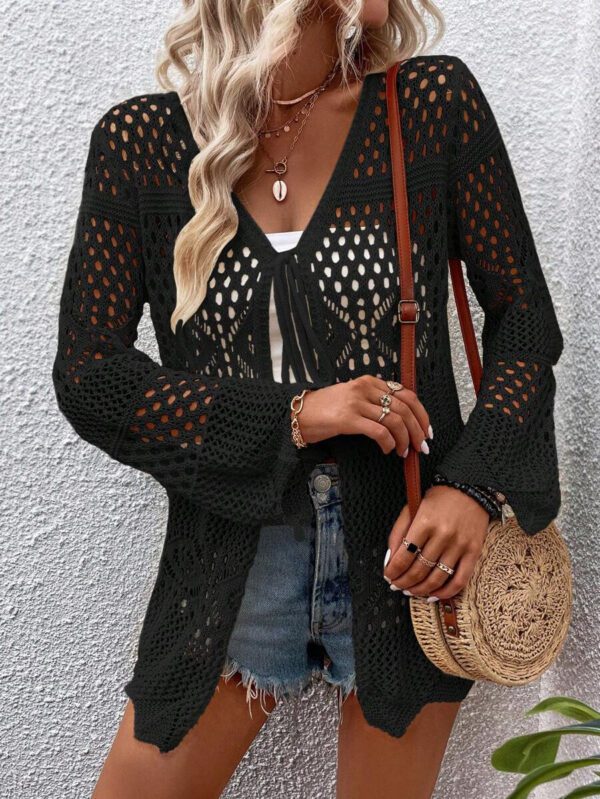 Breezaya Kimono couvrant col en V transparent à manches longues avec nœud, couleur unie – Image 35