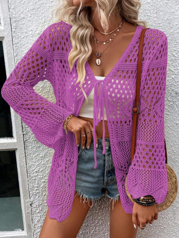 Breezaya Kimono couvrant col en V transparent à manches longues avec nœud, couleur unie – Image 38