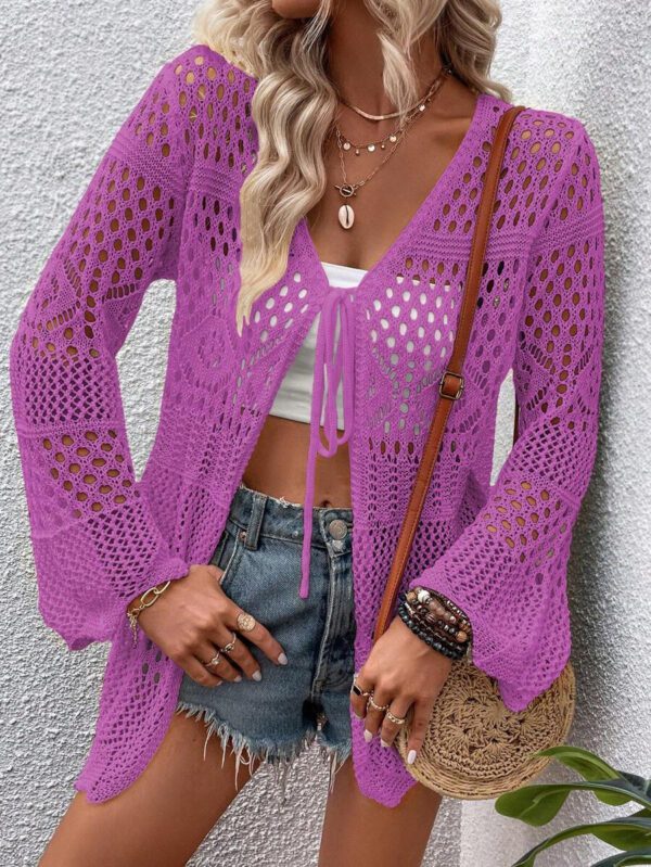 Breezaya Kimono couvrant col en V transparent à manches longues avec nœud, couleur unie – Image 40