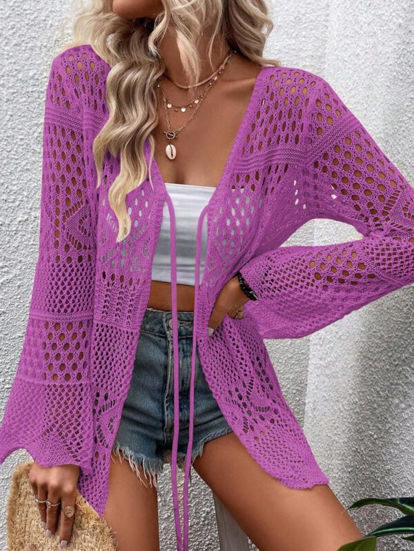 Breezaya Kimono couvrant col en V transparent à manches longues avec nœud, couleur unie – Image 41