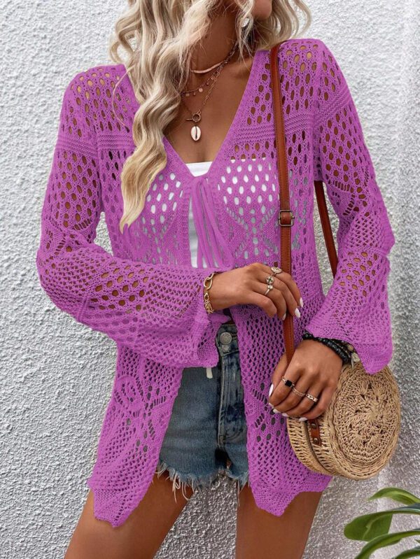Breezaya Kimono couvrant col en V transparent à manches longues avec nœud, couleur unie – Image 42