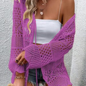 Breezaya Kimono couvrant col en V transparent à manches longues avec nœud, couleur unie