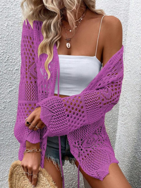 Breezaya Kimono couvrant col en V transparent à manches longues avec nœud, couleur unie – Image 43