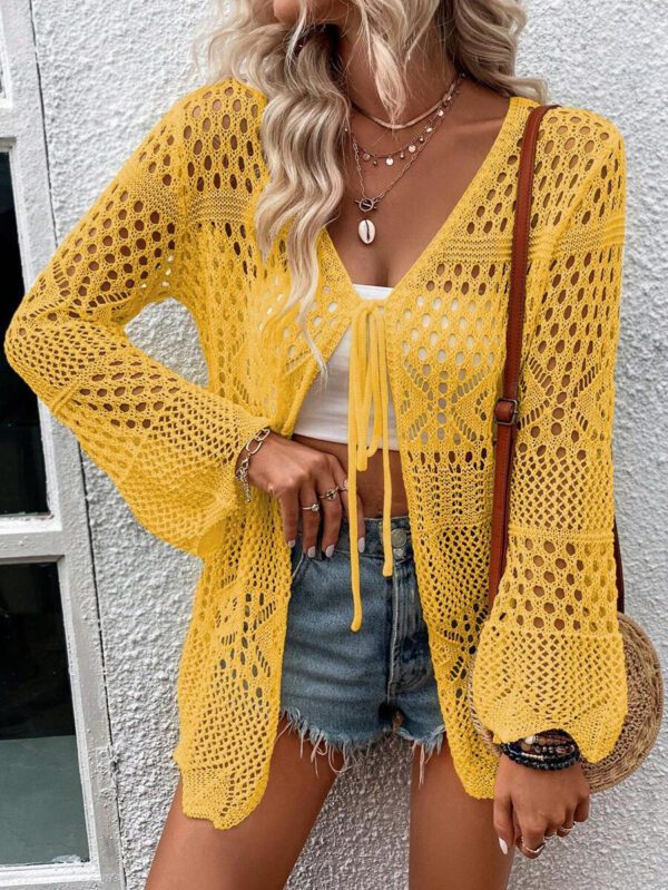 Breezaya Kimono couvrant col en V transparent à manches longues avec nœud, couleur unie – Image 44