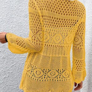 Breezaya Kimono couvrant col en V transparent à manches longues avec nœud, couleur unie