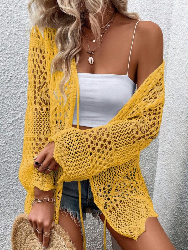 Breezaya Kimono couvrant col en V transparent à manches longues avec nœud, couleur unie – Image 46