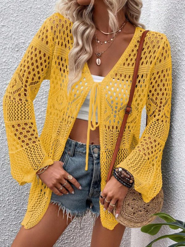 Breezaya Kimono couvrant col en V transparent à manches longues avec nœud, couleur unie – Image 47