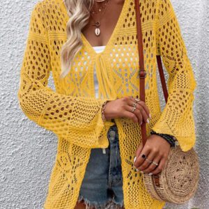 Breezaya Kimono couvrant col en V transparent à manches longues avec nœud, couleur unie