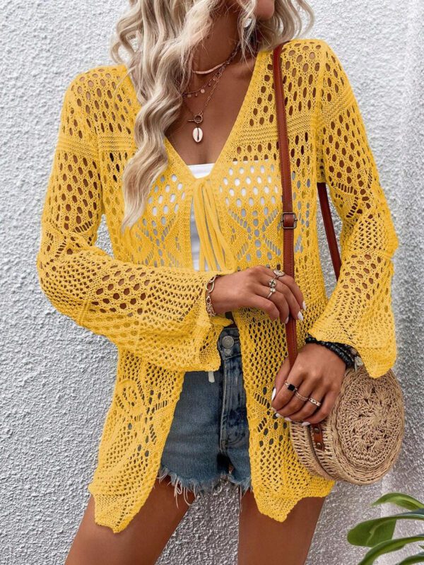 Breezaya Kimono couvrant col en V transparent à manches longues avec nœud, couleur unie – Image 48