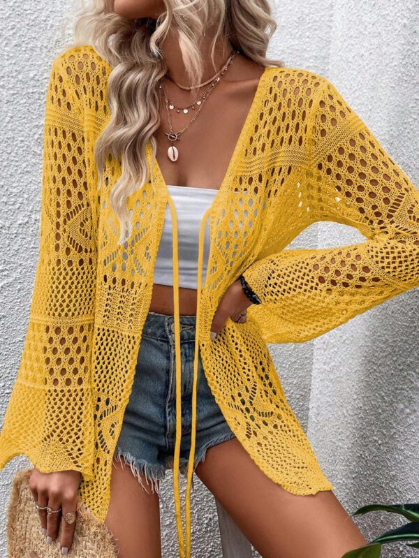Breezaya Kimono couvrant col en V transparent à manches longues avec nœud, couleur unie – Image 49