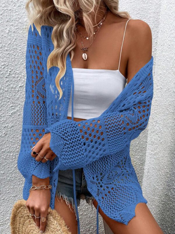 Breezaya Kimono couvrant col en V transparent à manches longues avec nœud, couleur unie – Image 52