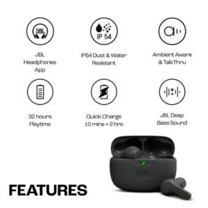 JBL Écouteurs musicaux sans fil JBL Wave Beam, écouteurs sport Bluetooth avec microphone, réduction de bruit d'appel, USB Type-C