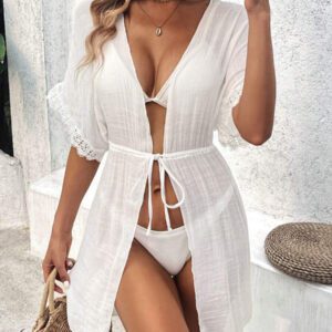 Swim Vcay Kimono femme avec manches chauve-souris, taille à cordon de serrage et garniture en dentelle. cache-maillot idéale pour les vacances à la plage en été
