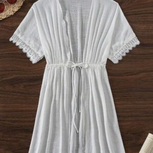 Swim Vcay Kimono femme avec manches chauve-souris, taille à cordon de serrage et garniture en dentelle. cache-maillot idéale pour les vacances à la plage en été