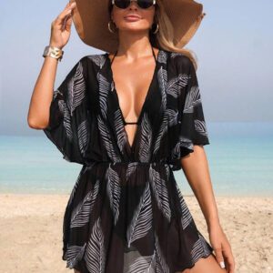 Swim Lushoire 1 pièce cache-maillot de plage pour femme, motif en maille de branche de feuille, casual, maison, plage, piscine, vacances, printemps/été