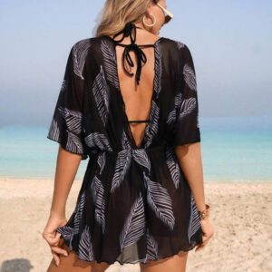 Swim Lushoire 1 pièce cache-maillot de plage pour femme, motif en maille de branche de feuille, casual, maison, plage, piscine, vacances, printemps/été