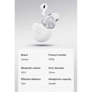 Lenovo 1 pièce Écouteurs Bluetooth sans fil HT38 Écouteurs de sport avec son HD basse, résistant à la transpiration, léger et confortable. Idée de cadeau pour femmes et hommes. Cadeau de vacances Noir Blanc