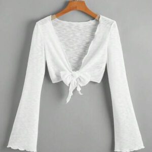 SHEIN Kimono d'été avec manches évasées, garniture de laitue et lien noué