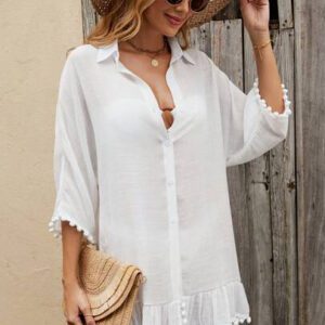 SHEIN Swim Kimono À Pompon Manches Chauve-Souris À Volants À Bouton