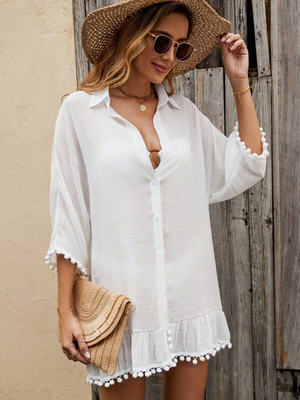 SHEIN Swim Kimono À Pompon Manches Chauve-Souris À Volants À Bouton – Image 2