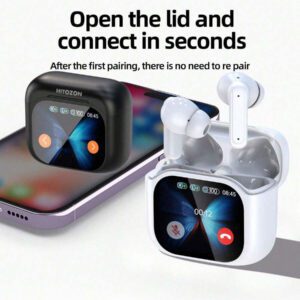 HITOZON Écouteurs sans fil HITOZON avec boîtier de charge à écran tactile, écouteurs stéréo avec microphone intégré, casque intra-auriculaire avec réduction de bruit pour smartphones, ordinateurs, ordinateurs portables, sport