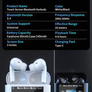 HITOZON Écouteurs sans fil HITOZON avec boîtier de charge à écran tactile, écouteurs stéréo avec microphone intégré, casque intra-auriculaire avec réduction de bruit pour smartphones, ordinateurs, ordinateurs portables, sport