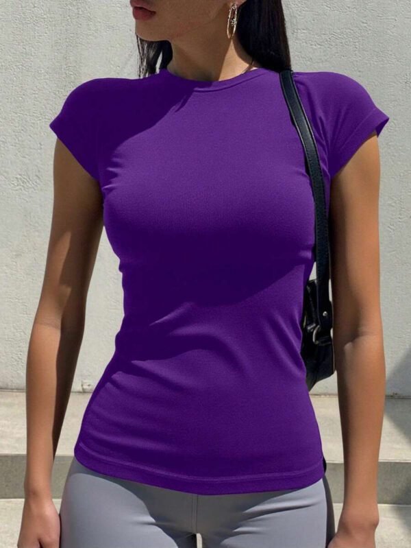 DAZY T-shirt de sport et de yoga à col rond basique et décontracté pour femmes, noir, pour l'été – Image 32