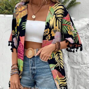 Swim Vcay Kimono Imprimé Tropical À Franges