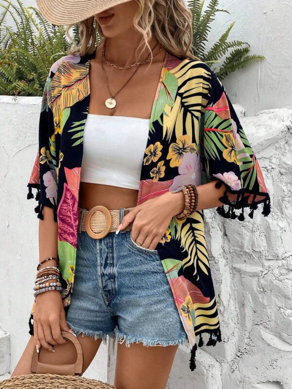 Swim Vcay Kimono Imprimé Tropical À Franges – Image 11