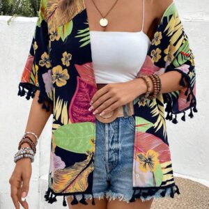 Swim Vcay Kimono Imprimé Tropical À Franges