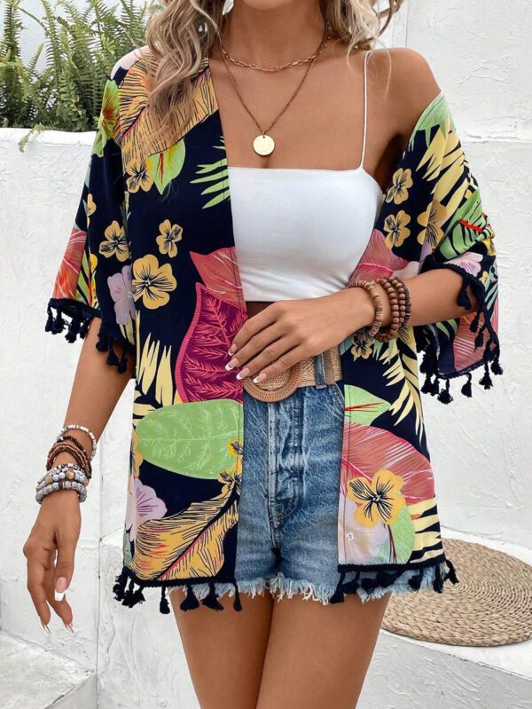 Swim Vcay Kimono Imprimé Tropical À Franges – Image 12
