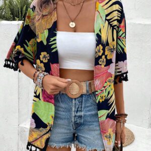 Swim Vcay Kimono Imprimé Tropical À Franges