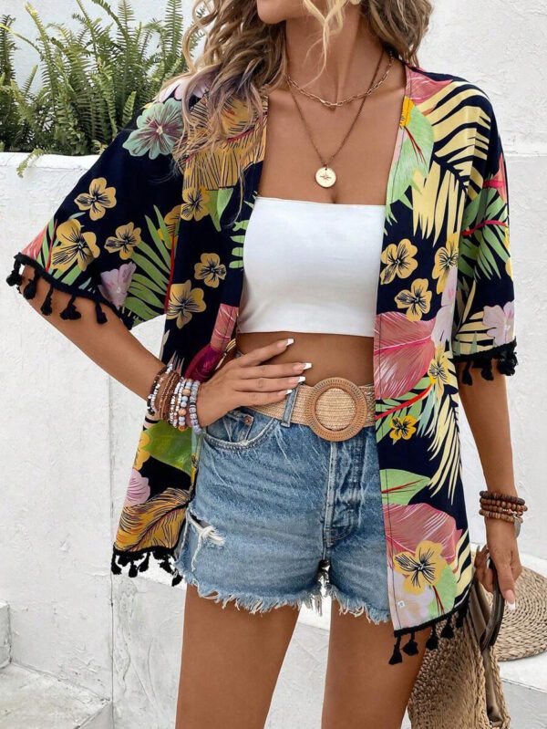 Swim Vcay Kimono Imprimé Tropical À Franges – Image 14