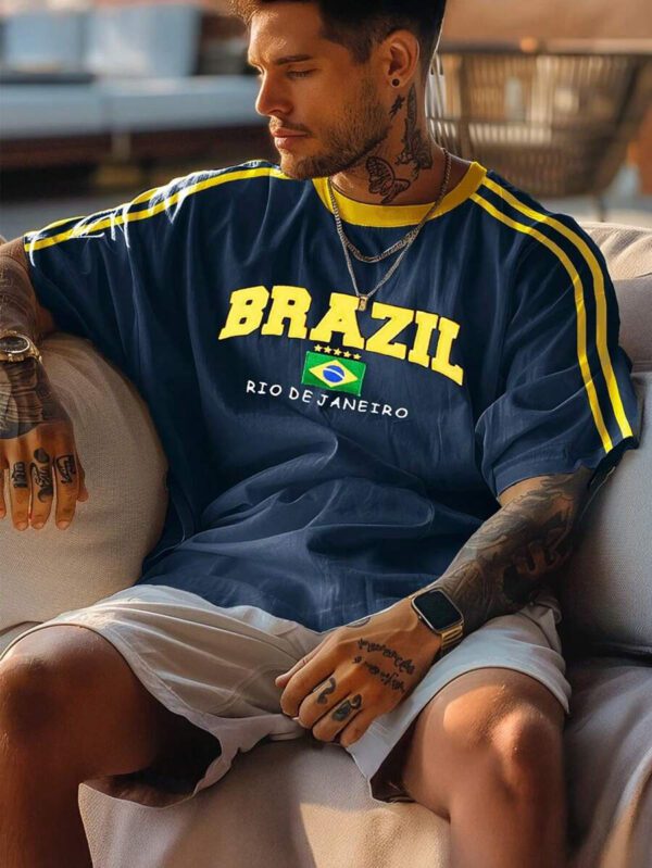 T-shirt casual à manches courtes, de couleur unie et rayé, avec un graphique du drapeau du Brésil à la mode, pour homme. Printemps/Été 2025 – Image 2