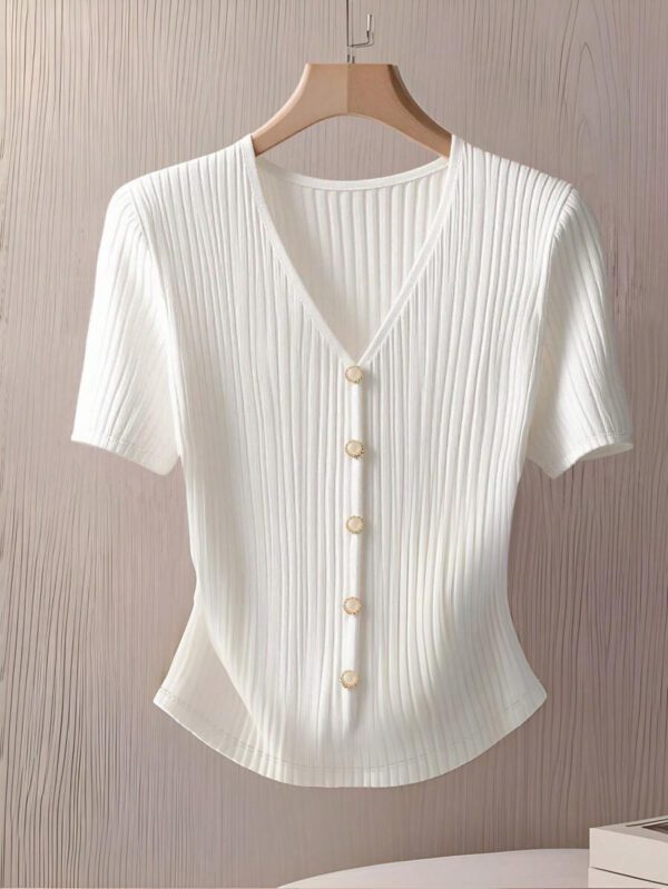 GlowEve T-shirt décontracté col V unicolore à manches courtes et simple boutonnage pour femmes, été – Image 2