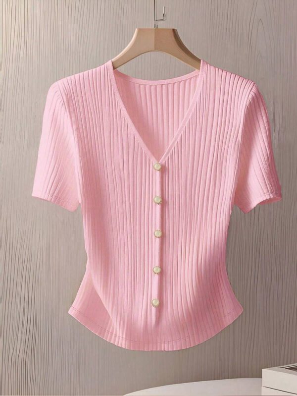 GlowEve T-shirt décontracté col V unicolore à manches courtes et simple boutonnage pour femmes, été – Image 12