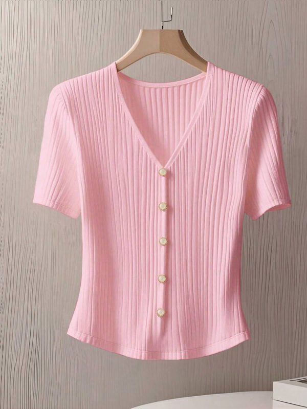 GlowEve T-shirt décontracté col V unicolore à manches courtes et simple boutonnage pour femmes, été – Image 14