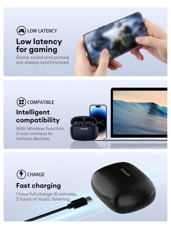 PHILIPS Casque Bluetooth PHILIPS TAT2569, semi-intra-auriculaire, antibruits ANC, audio stéréo HIFI de haute qualité, mode transparent, appel HD, annulation du bruit IA avec micro, longue durée de batterie, convient pour smartphones, ordinateurs portables, sports et jeux – Image 8