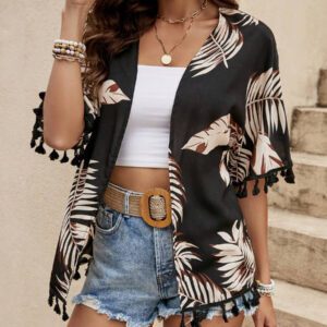 Swim Vcay Kimono d'été à imprimé tropical de plage avec garniture à franges