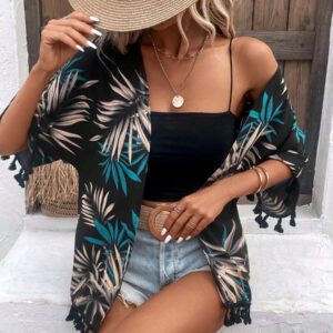 Swim Vcay Kimono d'été à imprimé tropical de plage avec garniture à franges