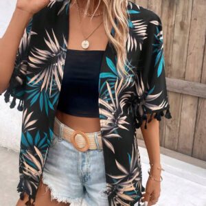 Swim Vcay Kimono d'été à imprimé tropical de plage avec garniture à franges