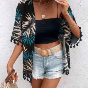 Swim Vcay Kimono d'été à imprimé tropical de plage avec garniture à franges