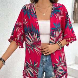 Swim Vcay Kimono d'été à imprimé tropical de plage avec garniture à franges