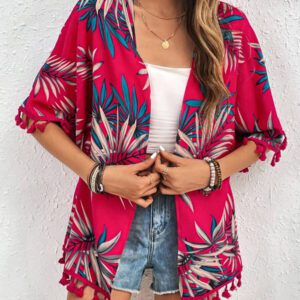 Swim Vcay Kimono d'été à imprimé tropical de plage avec garniture à franges