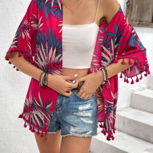 Swim Vcay Kimono d'été à imprimé tropical de plage avec garniture à franges